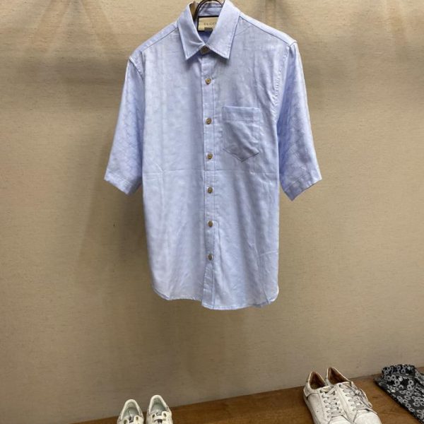 designer,replica,clothing,fake,1:1,lv,luxury,high quality Gucci GG new haze blue plaid old flower all-over printed jacquard short-sleeved shirt