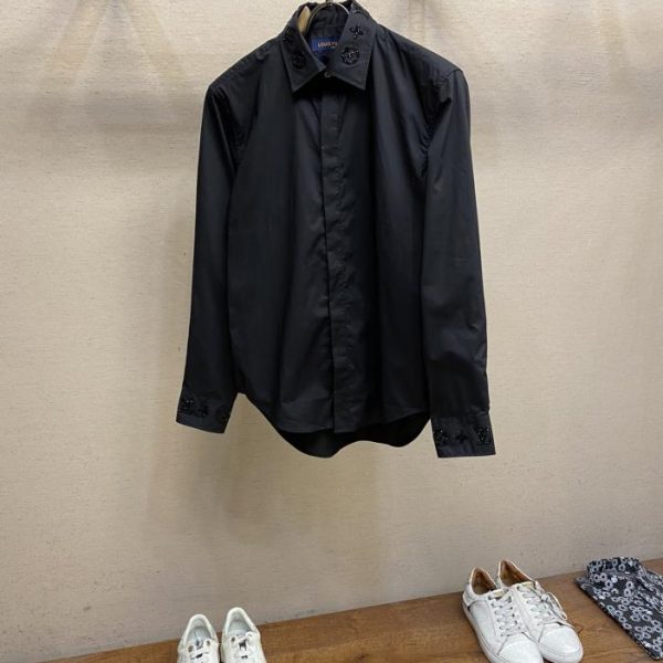 designer,replica,clothing,fake,1:1,lv,luxury,high quality LV24 new men’s black cotton and silk blended sequin embroidered long-sleeved shirt