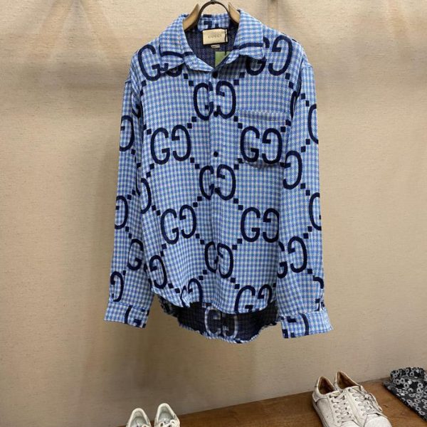 designer,replica,clothing,fake,1:1,lv,luxury,high quality Gucci2024SS new spring and summer haze blue fine plaid long-sleeved shirt