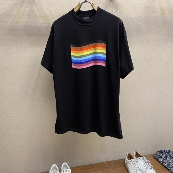 designer,replica,clothing,fake,1:1,lv,luxury,high quality Balenciaga24ss reverse stitching rainbow print limited short sleeves
