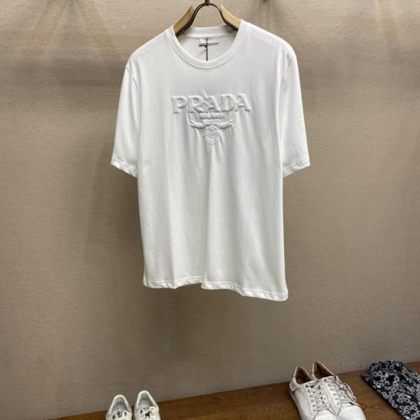designer,replica,clothing,fake,1:1,lv,luxury,high quality Prada flocked embroidered lettering short-sleeved basic jersey T-shirt