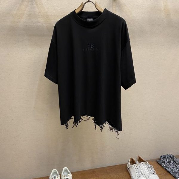 designer,replica,clothing,fake,1:1,lv,luxury,high quality BalenciagaBLCG 24SS new style big destruction small embroidery tassel short-sleeved T-shirt