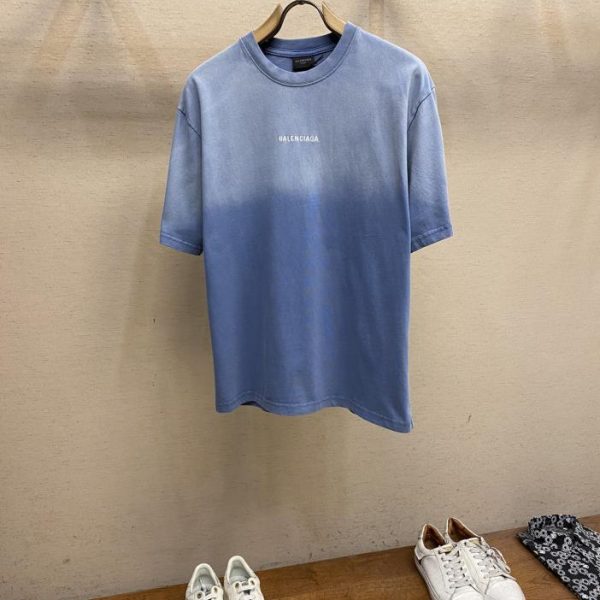 designer,replica,clothing,fake,1:1,lv,luxury,high quality Balenciaga early autumn new gradient blue retro plain medium version T-shirt for men and women