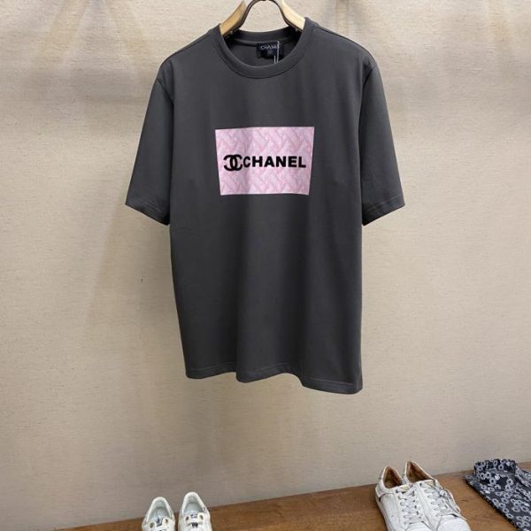designer,replica,clothing,fake,1:1,lv,luxury,high quality CHANELCH small ash pink logo couple style versatile short-sleeved T-shirt