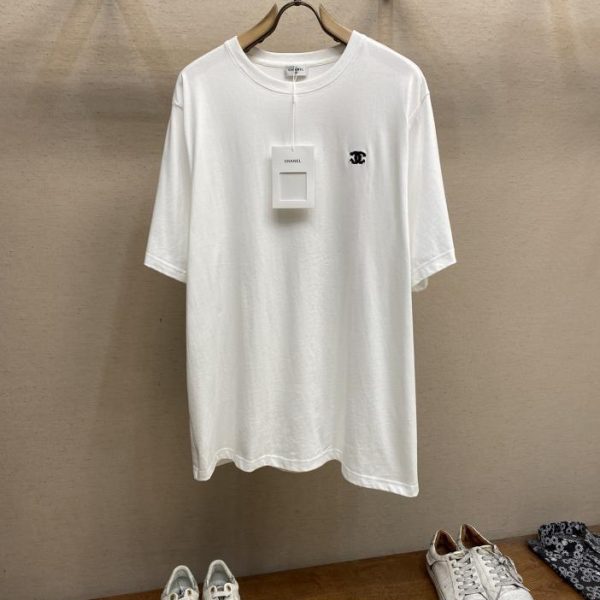 designer,replica,clothing,fake,1:1,lv,luxury,high quality CHANEL Xiaoxiang geometric double C embroidery T-shirt