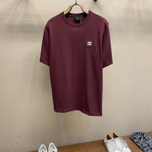 designer,replica,clothing,fake,1:1,lv,luxury,high quality CHANEL Xiaoxiang classic double CC logo embroidered couple style burgundy short sleeves