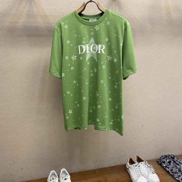 designer,replica,clothing,fake,1:1,lv,luxury,high quality Dior Xiaodi five-pointed star logo print ~ green couple style short-sleeved T-shirt