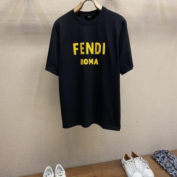 designer,replica,clothing,fake,1:1,lv,luxury,high quality FendiFD yellow letter flocked embroidery couple short-sleeved T-shirt