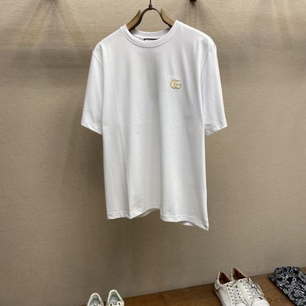 designer,replica,clothing,fake,1:1,lv,luxury,high quality GucciGu series double GG gold thread embroidery logo couple style short sleeves