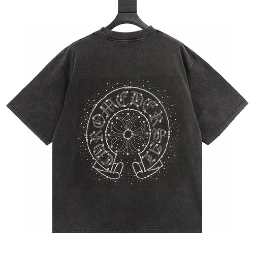 designer,replica,clothing,fake,1:1,lv,luxury,high quality Chrome Hearts rhinestone horseshoe short-sleeved T-shirt (E08D)