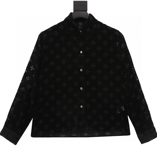 designer,replica,clothing,fake,1:1,lv,luxury,high quality Chrome Hearts black velvet cross dark pattern long-sleeved shirt (577D)