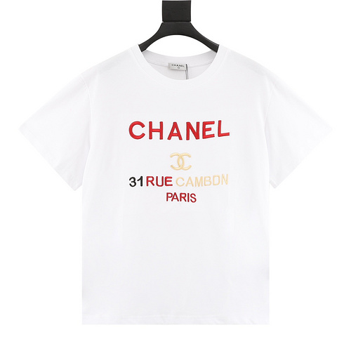 designer,replica,clothing,fake,1:1,lv,luxury,high quality Chonel red letter embroidered slogan short-sleeved T-shirt (E4A9)