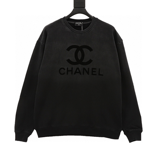 designer,replica,clothing,fake,1:1,lv,luxury,high quality Chonel gradient washed flocked LOGO round neck sweatshirt (44C0)