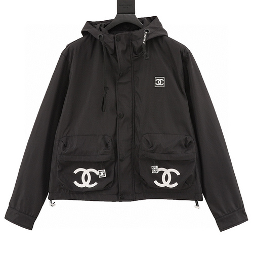 designer,replica,clothing,fake,1:1,lv,luxury,high quality CHANEL ∕Embroidered slogan retro zipper hooded windbreaker jacket (5BAA)