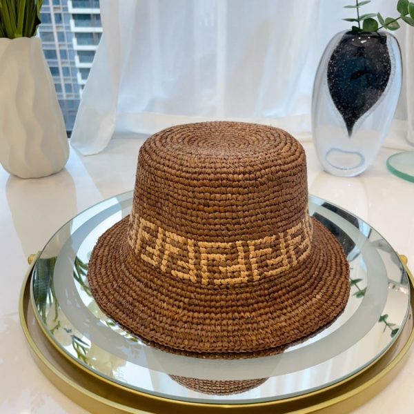 designer,replica,clothing,fake,1:1,lv,luxury,high quality Fendi hand hooked raffia flat bucket hat