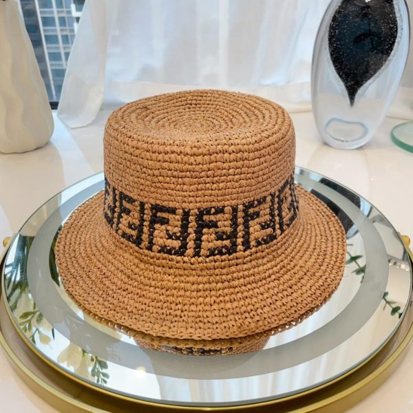designer,replica,clothing,fake,1:1,lv,luxury,high quality Fendi hand hooked raffia flat bucket hat