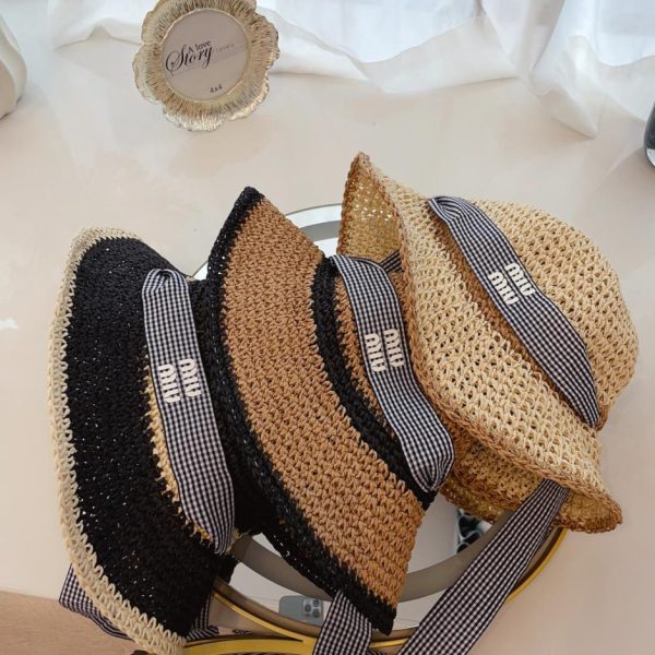 designer,replica,clothing,fake,1:1,lv,luxury,high quality MiuMiu new style hand hook loli style fisherman hat windproof ribbon fisherman hat
