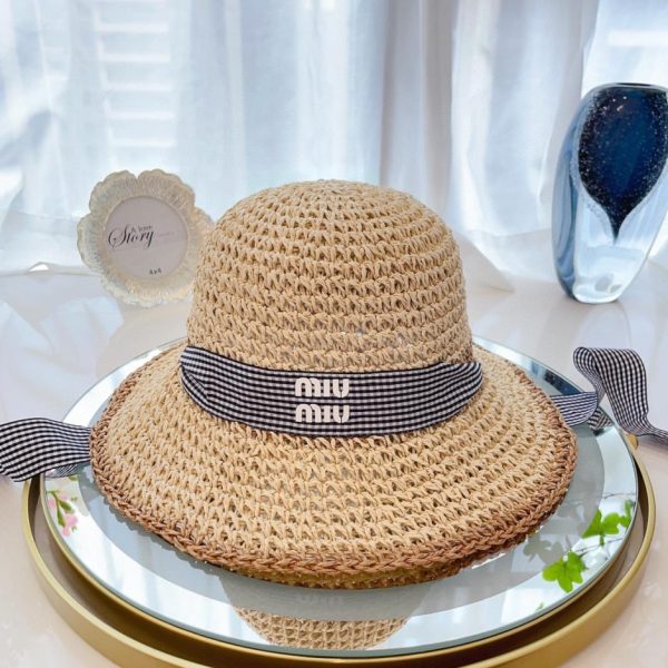 designer,replica,clothing,fake,1:1,lv,luxury,high quality MiuMiu new style hand hook loli style fisherman hat windproof ribbon fisherman hat