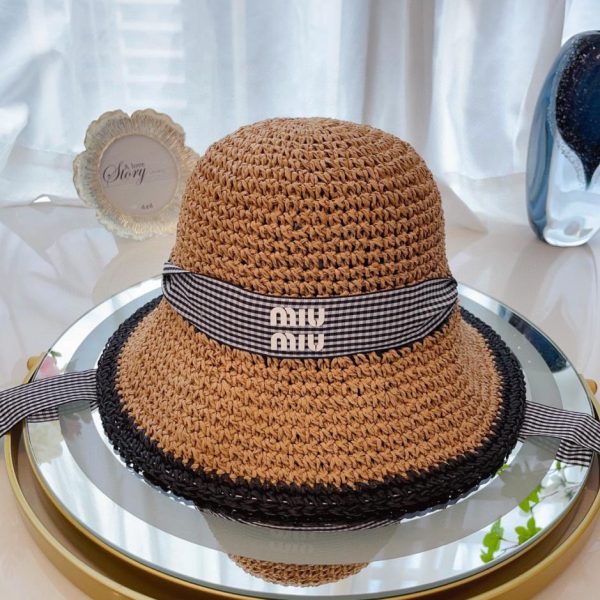 designer,replica,clothing,fake,1:1,lv,luxury,high quality MiuMiu new style hand hook loli style fisherman hat windproof ribbon fisherman hat