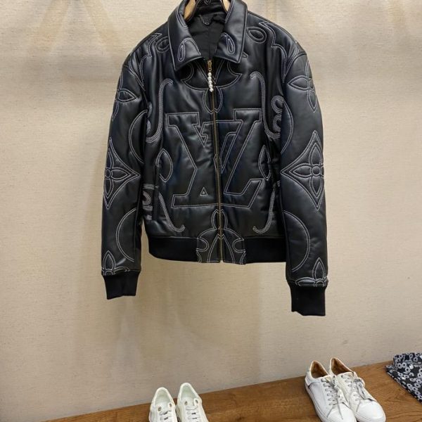 designer,replica,clothing,fake,1:1,lv,luxury,high quality LV embroidered leather bomber jacket