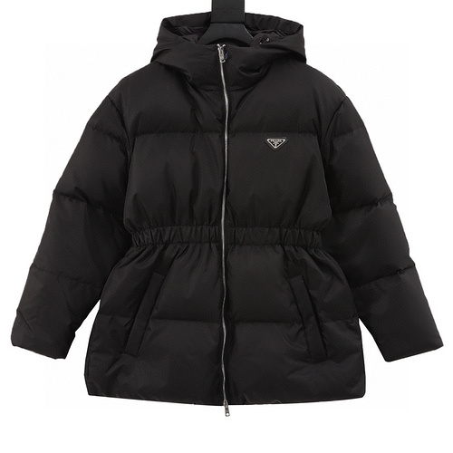 designer,replica,clothing,fake,1:1,lv,luxury,high quality Prada iron triangle logo hooded waist mid-length down jacket (0F12)