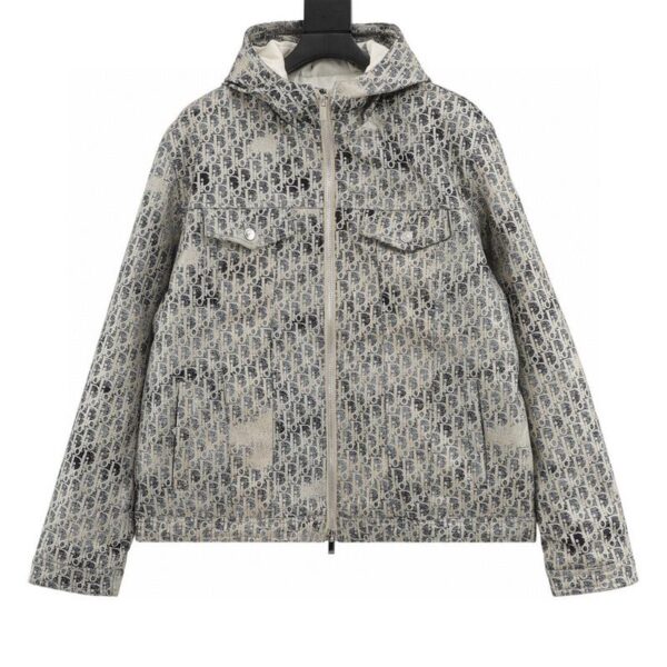 designer,replica,clothing,fake,1:1,lv,luxury,high quality Dior all over printed washed distressed jacquard LOGO hooded down jacket (13B9)
