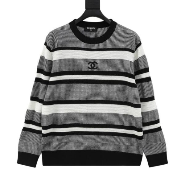 designer,replica,clothing,fake,1:1,lv,luxury,high quality CHANEL Xiaoxiang autumn and winter double CC logo embroidered striped knitted pullover sweater (5227)