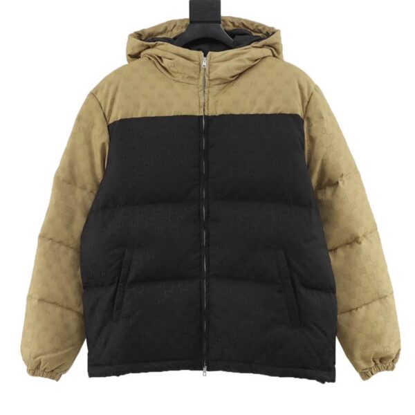 designer,replica,clothing,fake,1:1,lv,luxury,high quality Gucci all over printed dark pattern jacquard colorblock nylon hooded down jacket (EC4F)
