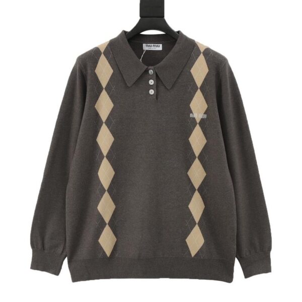 designer,replica,clothing,fake,1:1,lv,luxury,high quality MiuMiu diamond intarsia cashmere polo long-sleeved sweater (A40D)