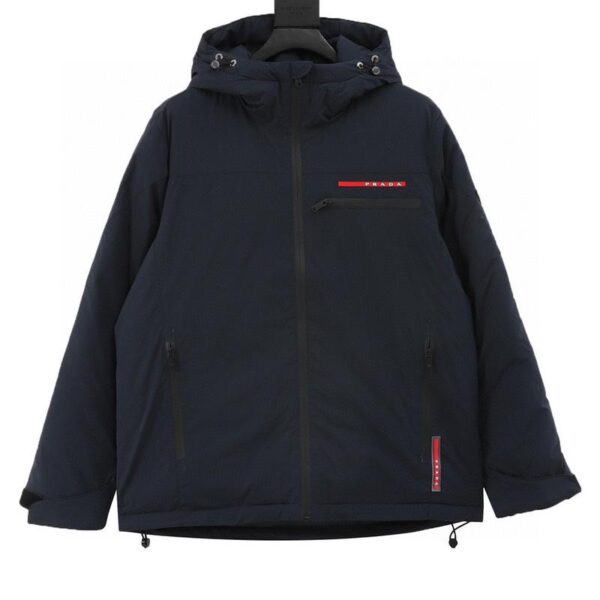 designer,replica,clothing,fake,1:1,lv,luxury,high quality Prada red label laminated and triangle logo hooded down jacket (F1E3)