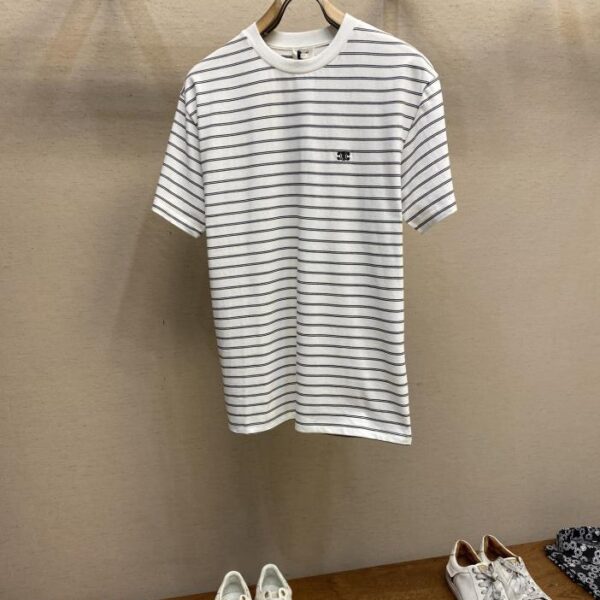 designer,replica,clothing,fake,1:1,lv,luxury,high quality Celine 2025 spring and summer new white striped embroidered logo short-sleeved T-shirt (1B33)