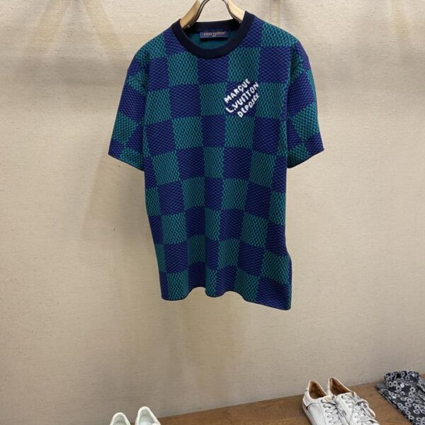 designer,replica,clothing,fake,1:1,lv,luxury,high quality LV checkerboard diamond-embellished cotton knitted short-sleeves (F98E)