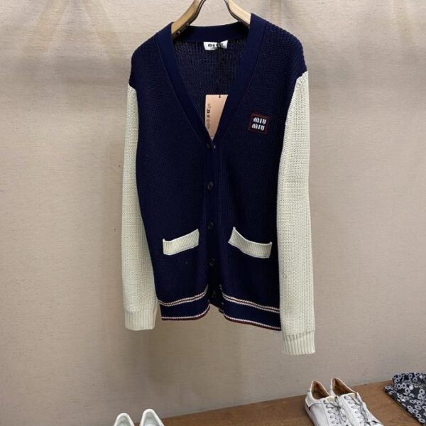 designer,replica,clothing,fake,1:1,lv,luxury,high quality Miu Miu 25ss color block knitted wool college style cardigan sweater (D51F)