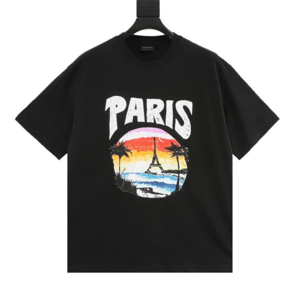 designer,replica,clothing,fake,1:1,lv,luxury,high quality Balenciaga beach painting night view tower print short-sleeved T-shirt (6D0B)