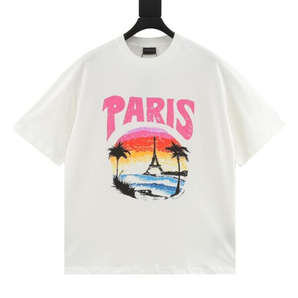 designer,replica,clothing,fake,1:1,lv,luxury,high quality Balenciaga beach painting night view tower print short-sleeved T-shirt (D534)