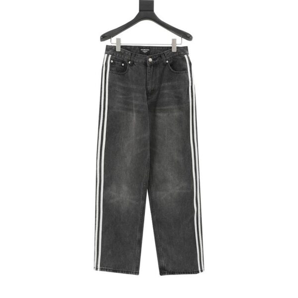 designer,replica,clothing,fake,1:1,lv,luxury,high quality Balenciaga X Adidas joint striped edge washed denim trousers (3E36)