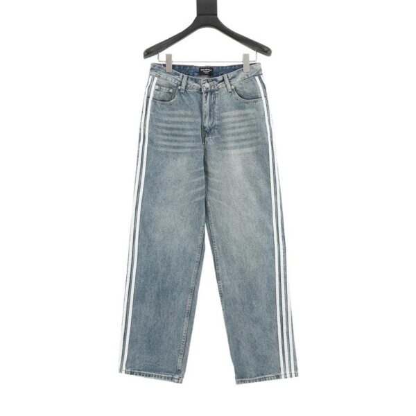 designer,replica,clothing,fake,1:1,lv,luxury,high quality Balenciaga X Adidas joint striped edge washed denim trousers (442E)