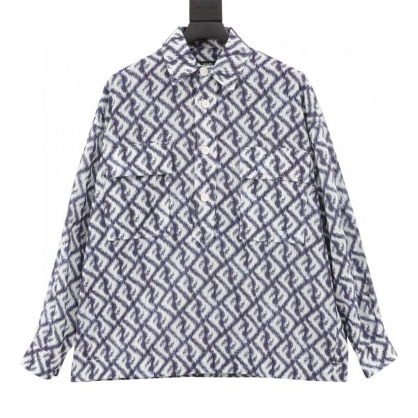 designer,replica,clothing,fake,1:1,lv,luxury,high quality Fendi blue double FF all-over printed color block long-sleeved shirt (08F4)