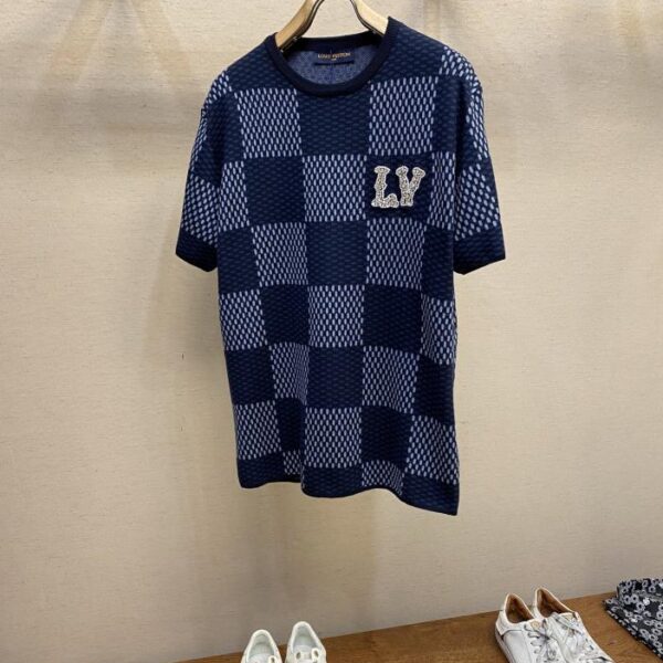 designer,replica,clothing,fake,1:1,lv,luxury,high quality Louis Vuitton checkerboard diamond-embellished cotton knit short sleeves