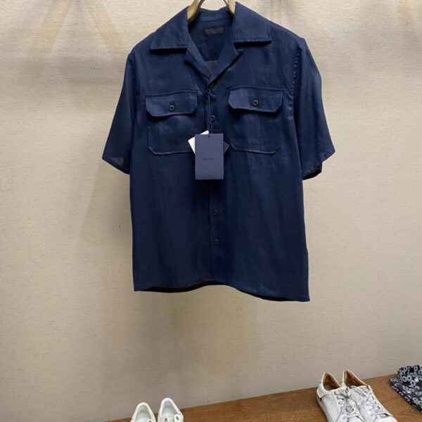 designer,replica,clothing,fake,1:1,lv,luxury,high quality Prada spring and summer new triangle logo linen short-sleeved shirt