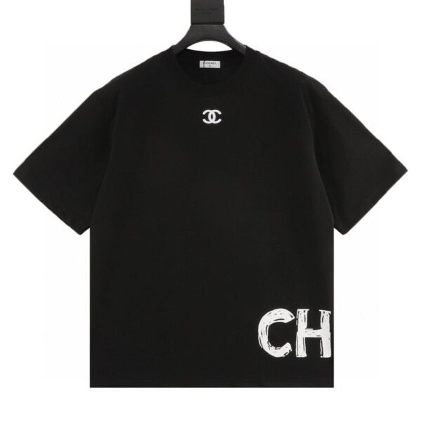 designer,replica,clothing,fake,1:1,lv,luxury,high quality CHANEL small logo embroidery and hem logo graffiti printed short-sleeved T-shirt (1F45)