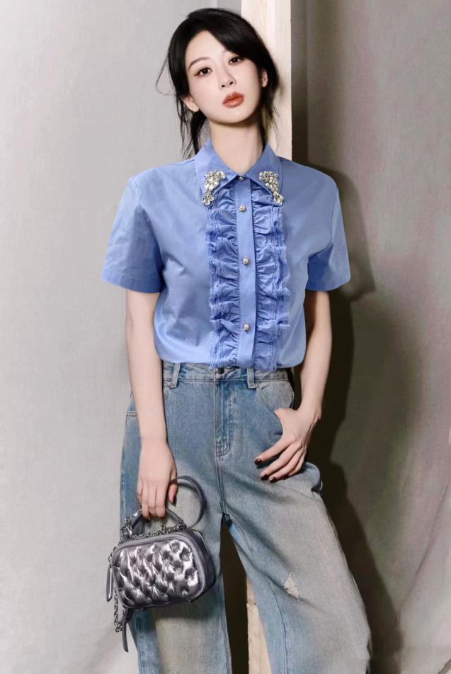 designer,replica,clothing,fake,1:1,lv,luxury,high quality Prada temperament lapel heavy studs embellished design short age-reducing shirt designer,replica,clothing,fake,1:1,lv,luxury,high quality Prada temperament lapel heavy studs embellished design short age-reducing shirt