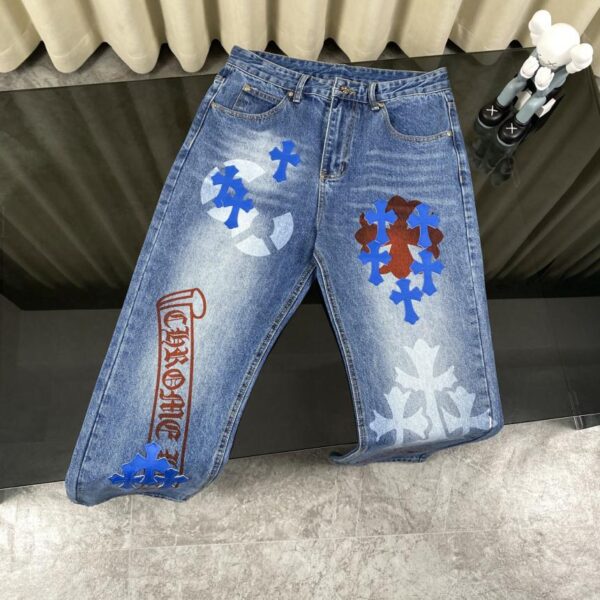 designer,replica,clothing,fake,1:1,lv,luxury,high quality Chrome Hearts cross Sanskrit graffiti print leather jeans