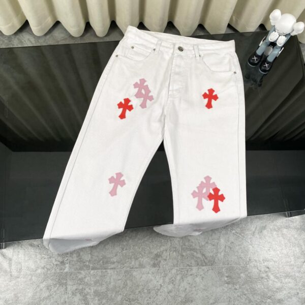 designer,replica,clothing,fake,1:1,lv,luxury,high quality Chrome Hearts leather-on white and light pink leather patch jeans