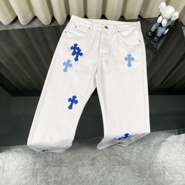 designer,replica,clothing,fake,1:1,lv,luxury,high quality Chrome Hearts patchwork white and light blue leather patch jeans