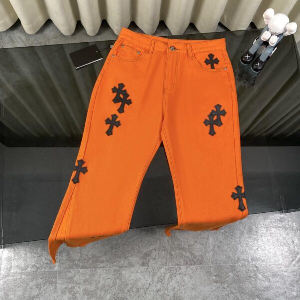 designer,replica,clothing,fake,1:1,lv,luxury,high quality Chrome Hearts Orange Leather Flare Jeans