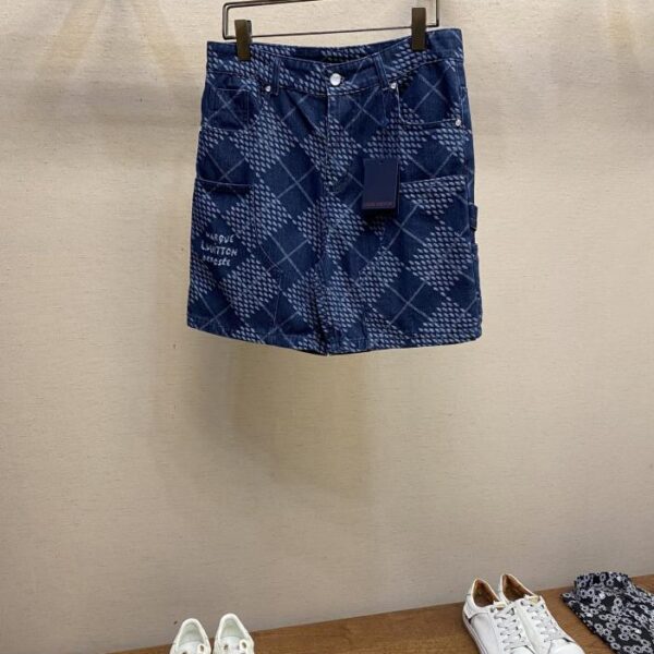 designer,replica,clothing,fake,1:1,lv,luxury,high quality LV V diamond check work pocket denim shorts (F7A9)
