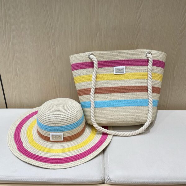 designer,replica,clothing,fake,1:1,lv,luxury,high quality Prada two-piece summer large-brimmed striped straw hat and straw bag set
