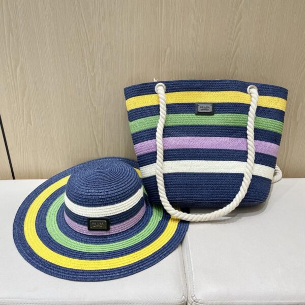 designer,replica,clothing,fake,1:1,lv,luxury,high quality Prada two-piece summer large-brimmed striped straw hat and straw bag set