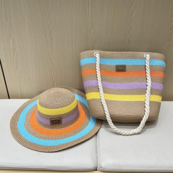designer,replica,clothing,fake,1:1,lv,luxury,high quality Prada two-piece summer large-brimmed striped straw hat and straw bag set